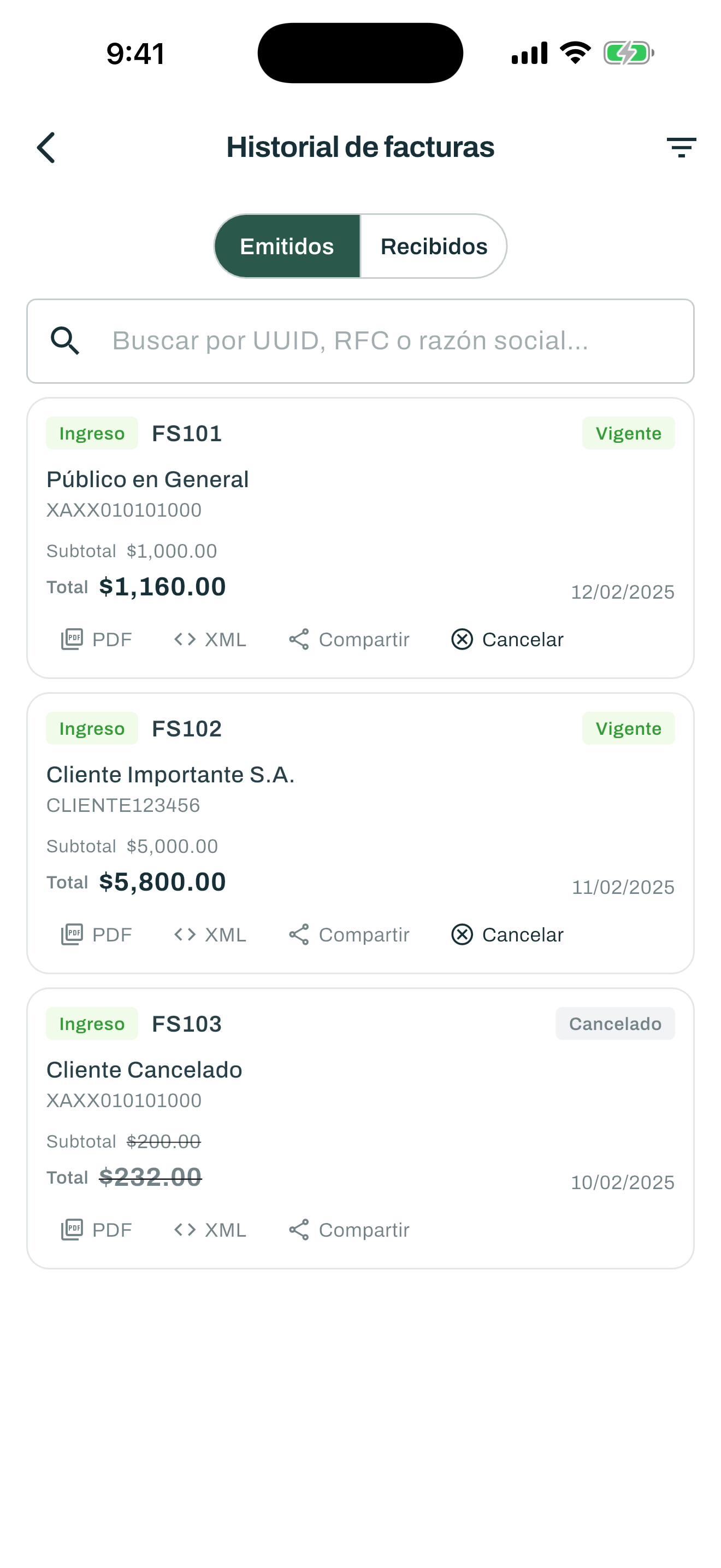 Consulta de facturas emitidas y recibidas con opciones para compartir.